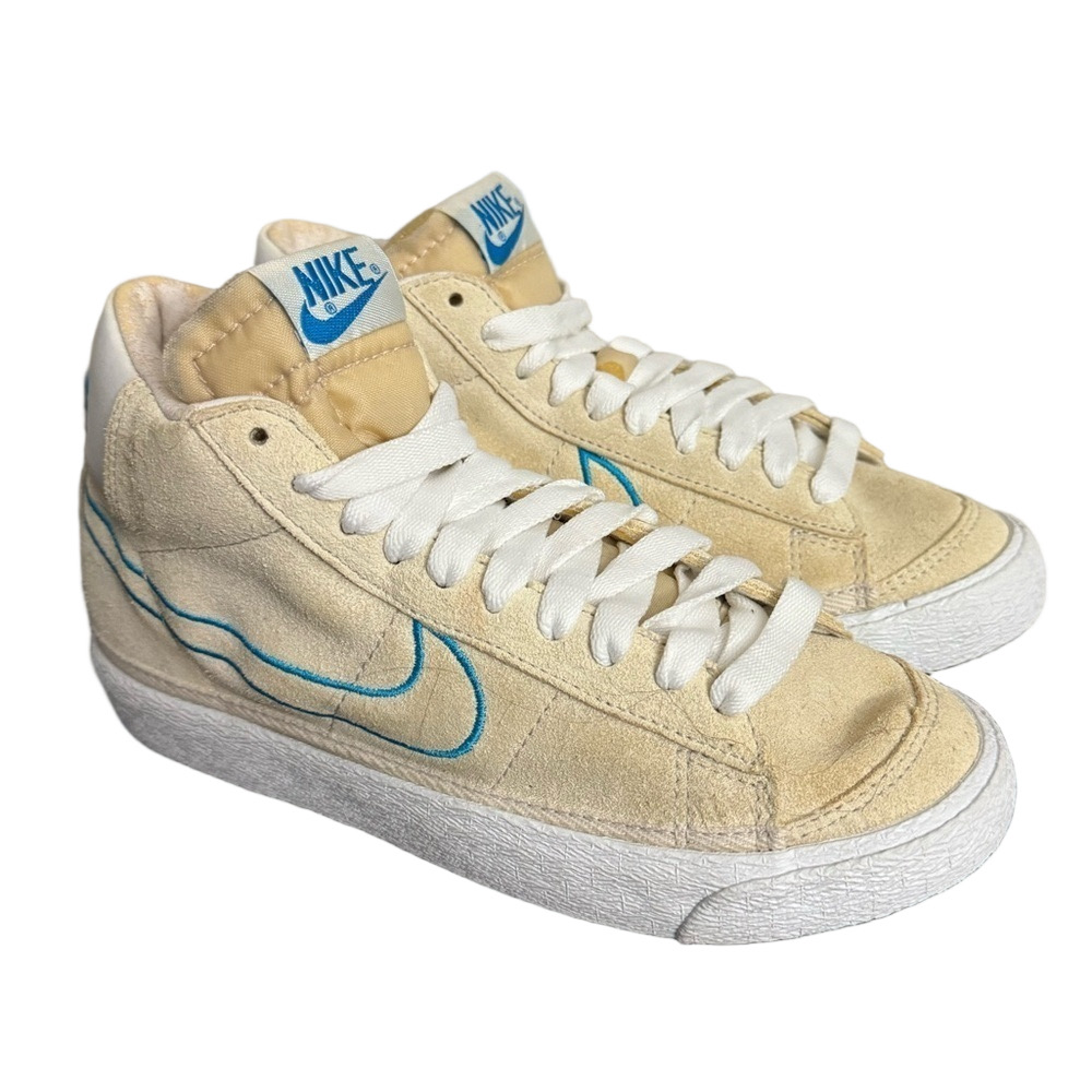 Nike Blazers MID Youth Size 6 Unisex Boy Girl Woman Cream White Blue Swoosh Lace